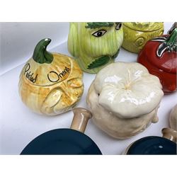 Collection of mostly Sylvac kitchen storage jar face pots, including piccalilli, chutney, tomato and bread sauce, tallest H15.5cm