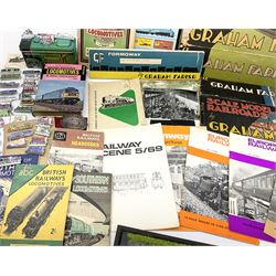 Quantity of Graham Farish Handbooks and Catalogues 1960s and later in album with photocopies of instructions and magazine articles; flat packed Graham Farish model boxes; small quantity of spare parts; collection of pin badges; books of railway interest including Ian Allan ABC train spotting booklets etc
