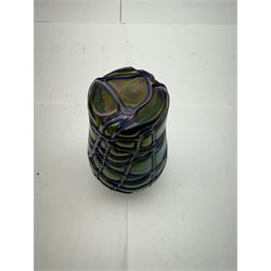 Three Austrian Art Nouveau Kralik iridescent glass vases, to include two of squat baluster form and a taller example, all green with threaded vein decoration to body, tallest H13.5cm