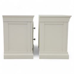 Coxwold Company - pair of white painted jumbo bedside cabinets, with two deep drawers and chrome knob handles,  shaped apron base
