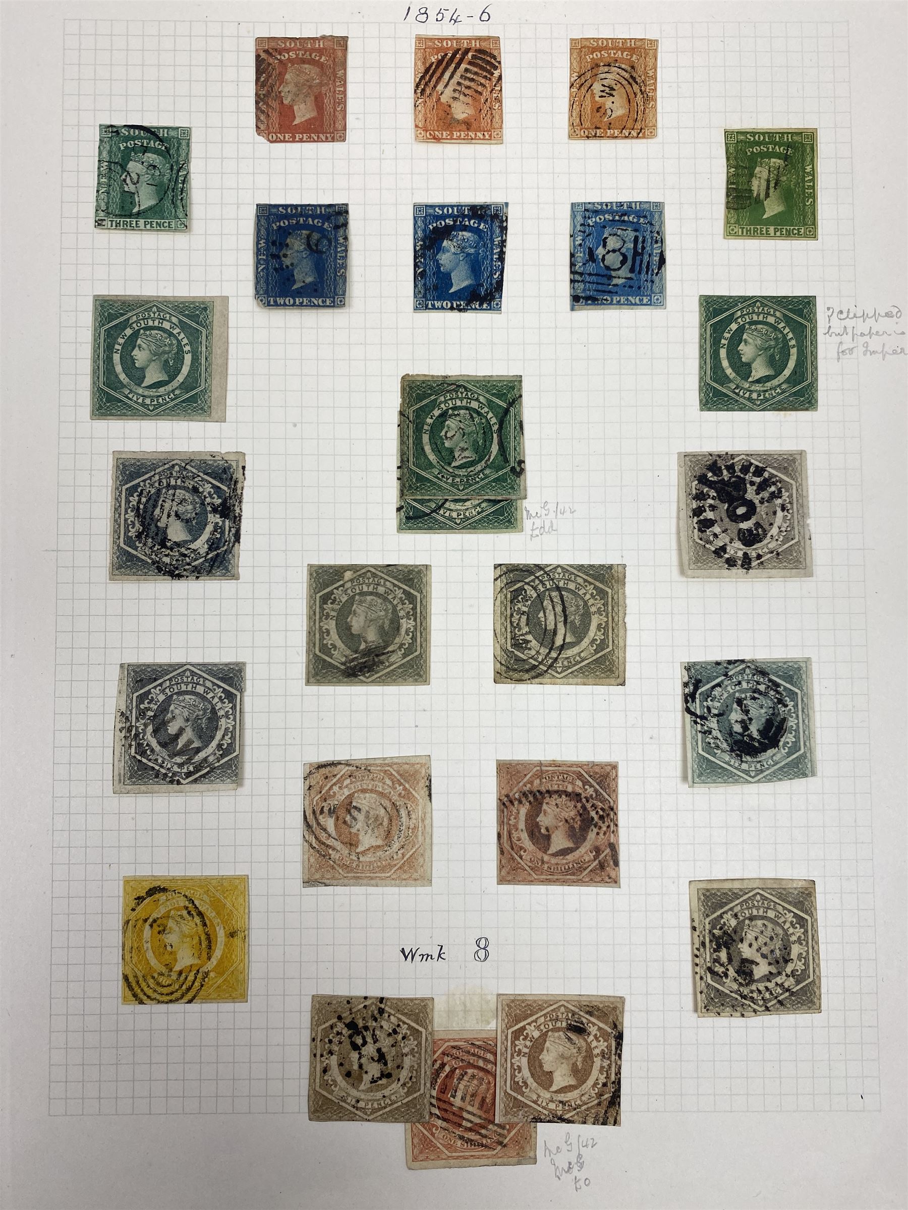 Australia New South Wales stamps, including 1850-4 various imperf issues, 1854-6 including five pence, six pence, one shilling etc, 1856-60 registered letter stamps, 1861-88 five shillings etc, housed on pages