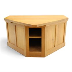 Seahorseman - craftsman made Yorkshire oak corner media unit, fitted with two panelled fall-front compartments flanked by open corner shelves, carved with seahorse signature, by Shaw and Michael Riley, Hessay, York
