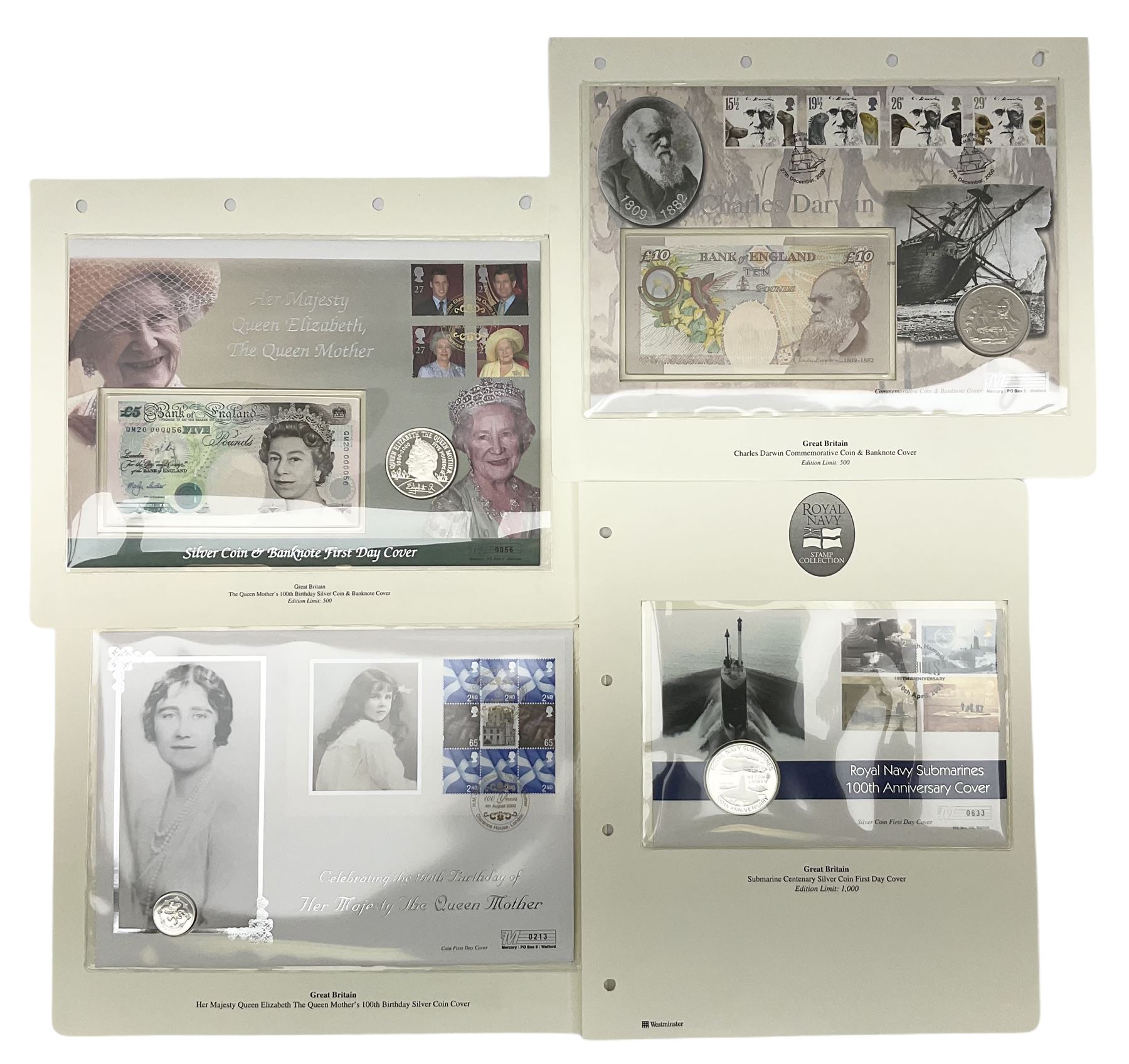 Four coin covers, comprising 2000 'The Queen Mother's 100th Birthday Silver Coin & Banknote Cover' limited edition 56/500, 2000 'Charles Darwin Commemorative Coin & Banknote Cover' limited edition 68/500, 2001 'Celebrating the 100th Birthday of Her Majesty The Queen Mother' containing  a 1999 silver one pound coin and 2001 'Royal Navy Submarines 100th Anniversary Cover' containing 2001 Turks & Caicos Islands 20 crowns silver coin