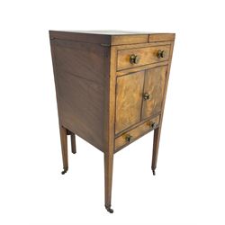 Georgian mahogany washstand cabinet, the double hinged lid opens to reveal wash basin and lift up tilting mirror, false drawer over double cupboard and drawer, on square supports with brass cups and castors