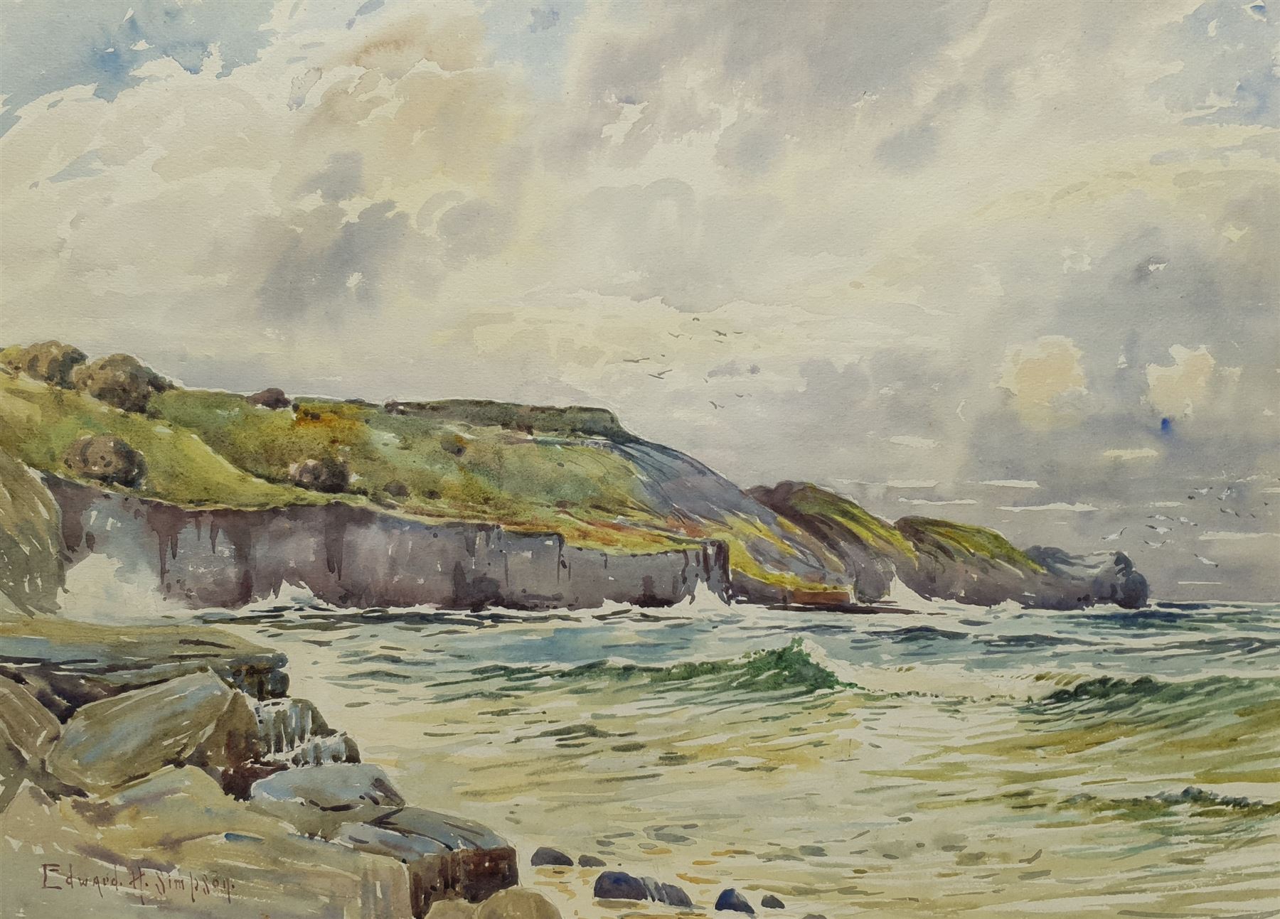 Edward H Simpson (British 1901-1989): 'Rough Water The Ness Sandsend', watercolour signed, titled verso with artist's Scarborough address 41cm x 57cm