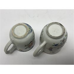 Two 18th century Chinese Yongzheng coffee cups, the first example decorated in polychrome enamel with rooster amidst blossoming peonies, the second decorated with deer and crane among rockwork and pine tree, together with two further 18th century Chinese coffee cups, an 18th century Chinese tea bowl, and a further tea bowl