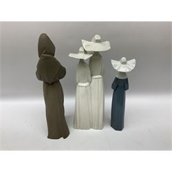 Three Lladro figures of nuns comprising Prayerful Moment no. 5500, Time to Sew no. 5501 and Two Nuns model no. 4611, together with figure of a monk no. 2060, and further Lladro bell figure