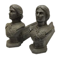 Late 19th century cast iron fire dogs, modelled as female busts possibly Joan of Arc H20cm.  