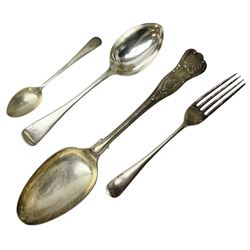 Edwardian silver dessert fork, and silver dessert spoon, hallmarked Sheffield 1905, and 1908, together with a mid 20th century coffee spoon, hallmarked Sheffield 1954, and a silver plated Kings pattern table spoon, approximate total silver weight 108 grams