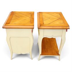 AM Classic - Louis XV design cherrywood bedside chests, one with three drawers and one with one drawer and full length undertier, shaped white supports