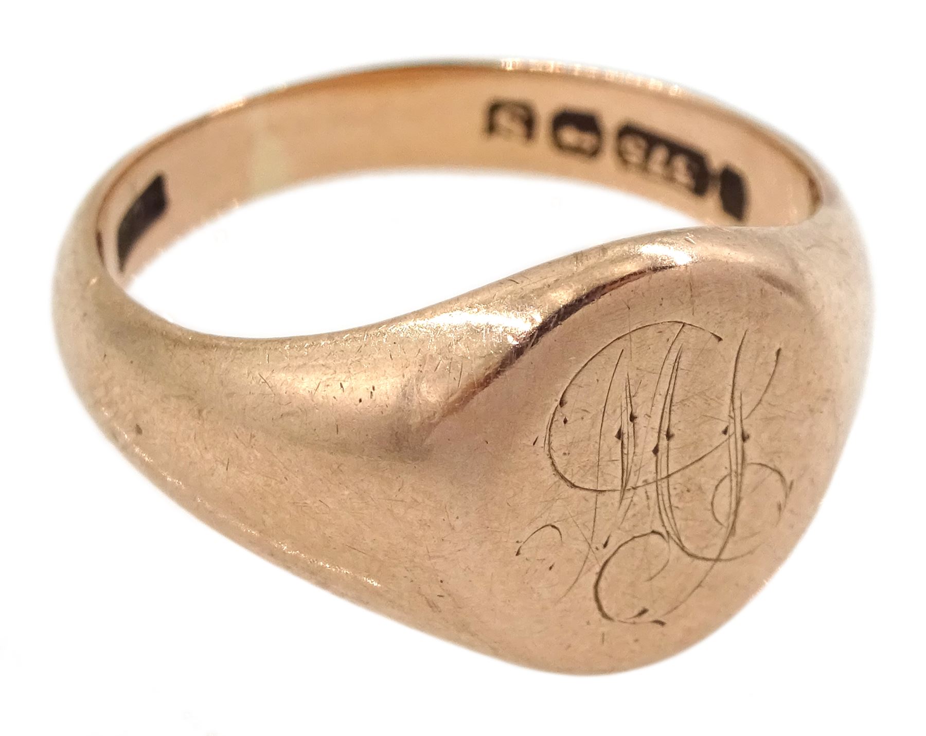 9ct rose gold signet ring engraved with monogrammed initials by Henry Griffiths & Sons, hallmarked 