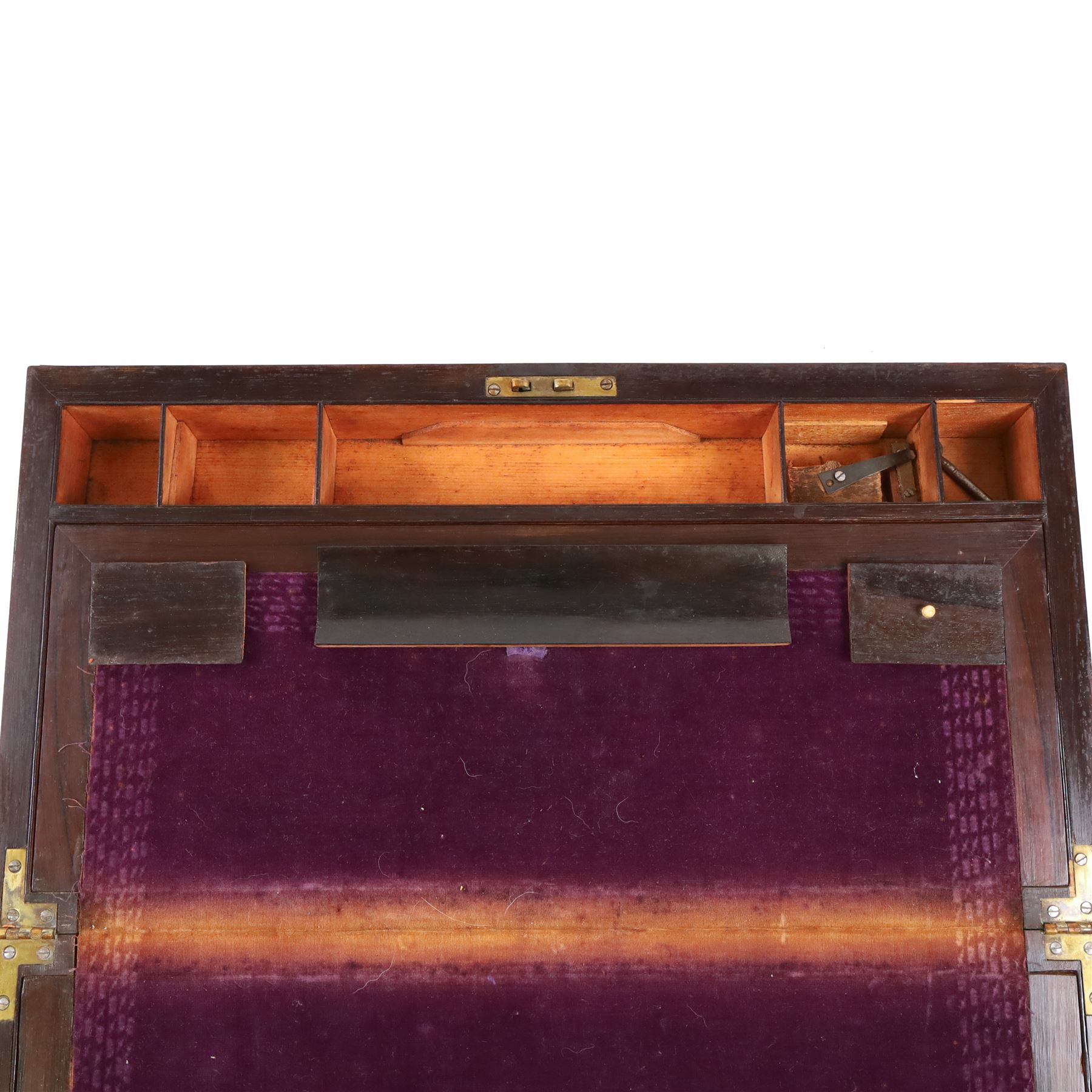 Rosewood writing slope, with brass inlaid decoration, the lid opening to reveal a purple writing slope, H17cm, L51cm