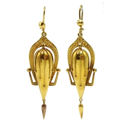 Pair of Victorian 15ct gold Etruscan revival pendant earrings, with registration mark to reverse