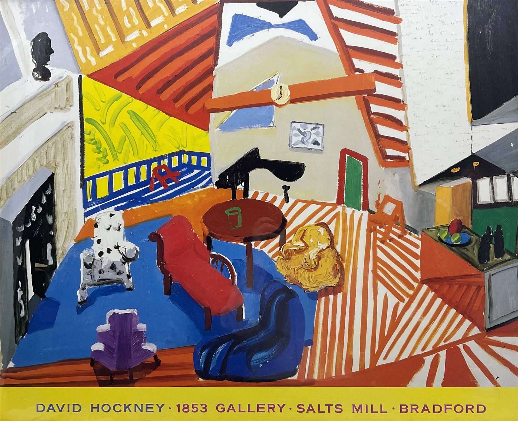 After David Hockney (British 1937-): 'Montcalm Interior at Seven O'Clock', exhibition poster for Salts Mill, Bradford pub. 1853, 67cm x 82cm 