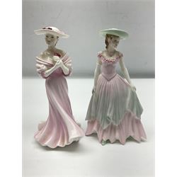 Two Coalport figures, comprising Yorkshire Girl and Roses of Love, together with three Florence figures, largest example H35cm