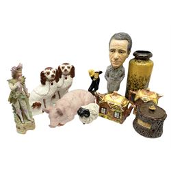 Continental style bisque figure, West German cylindrical vase, studio pottery tobacco jar, Humphrey Bogart plaster figure and other ceramics etc 