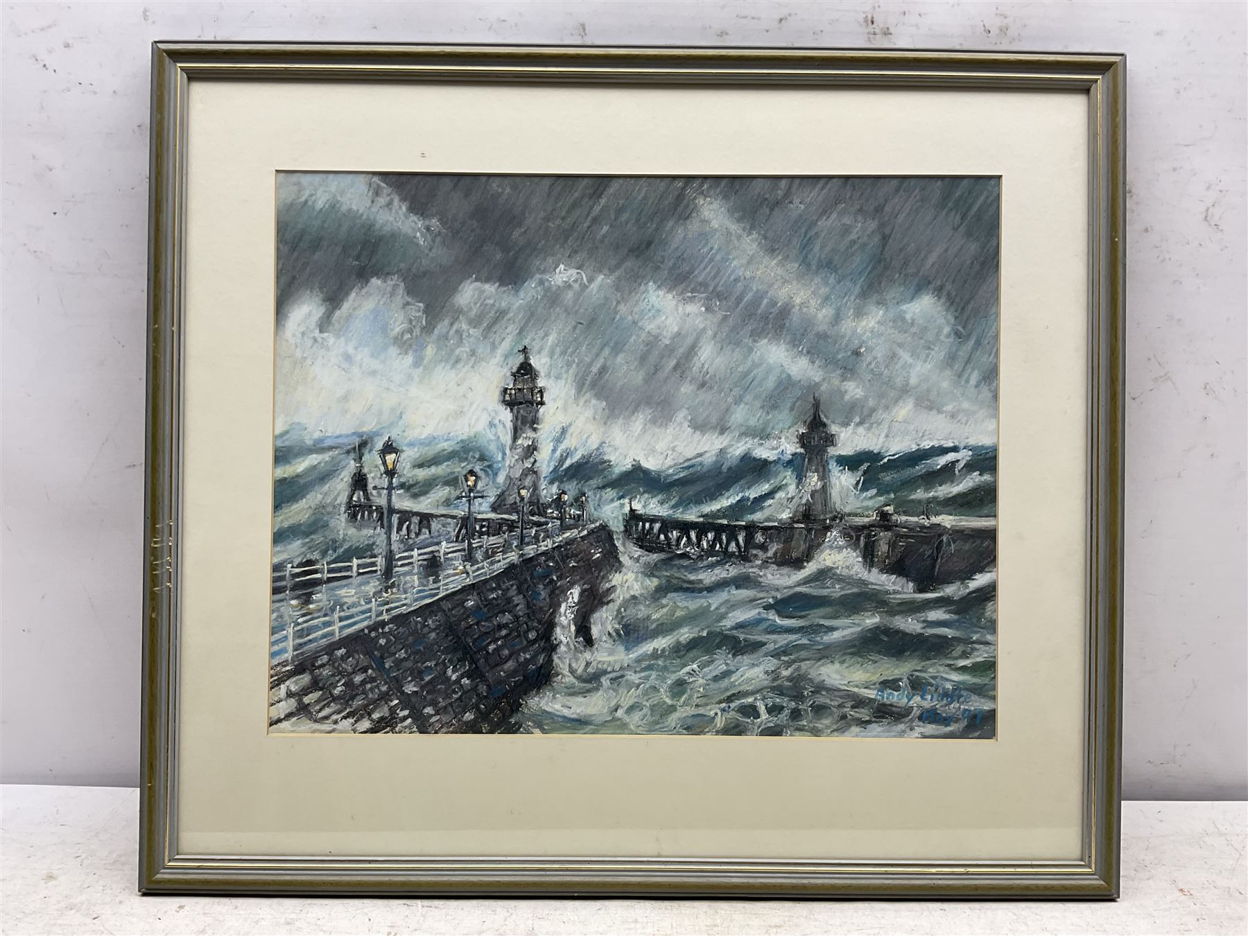 Andy Liddle (British Contemporary): Whitby Piers, pastel signed and dated May '97, 35cm x 45cm