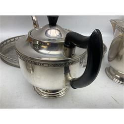 Viners of Sheffield silver-plate tea/coffee wares, the rims decorated with bands of flowers, and chased oval tray with swag decorated gallery, L39cm