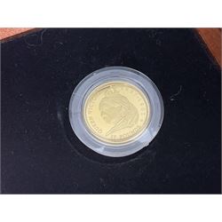 Single owner lifetime collection of mostly commemorative modern World coins with gold, silver and base metal examples, including two Queen Elizabeth II Bailiwick of Guernsey twenty-five pound gold coins 'The 1999 Royal Wedding' and '100th Anniversary of the End of the Victorian Era' 2001 each in 24 carat gold weighing 7.81 grams with certificates, silver coins commemorating the Millennium 2000 including Guyana sterling silver proof two-thousand dollars, Fiji sterling silver proof five dollars etc, silver coins from the Queen Elizabeth II Golden Jubilee Collection dated either 2002 or 2003 from Great Britain and the Commonwealth countries, United Kingdom commemorative crowns in card folders, The Royal Mint United Kingdom 1997 proof coin set in red folder without certificate etc