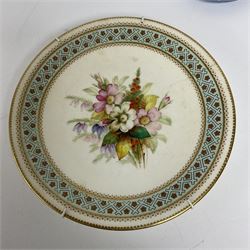 Victorian Royal Worcester cabinet plate, foliate painted within pale blue geometric and floral border with gilt stylised edging, printed mark to the base, date code 1882, together with Victorian sweet meat dish painted with flowers with purple borders, Wedgwood Jasperware etc, cabinet plate D23cm