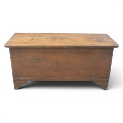 19th century oak boarded blanket box, with chip-carved edges, raised on shaped cut away bracket supports