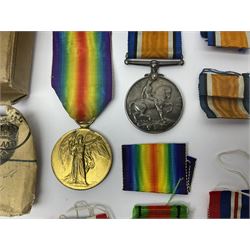 WWI pair of medals comprising British War Medal and Victory Medal awarded to 32682 Pte. W. Meadows W. Rid. R. in issue box; WWI pair of medals comprising 1914-15 Star and Victory Medal awarded to 3720 Pte. (later Cpl.) E. Petty W. York. R. with issue letter from Tank Corps; WWII group of five medals comprising 1939-45 War Medal, Defence Medal and 1939-45, Italy and Africa Stars; all with ribbons; and book of nineteen seaman's Certificates of Discharge to cook Charles Filburn 1893 - 1901 from various British ports