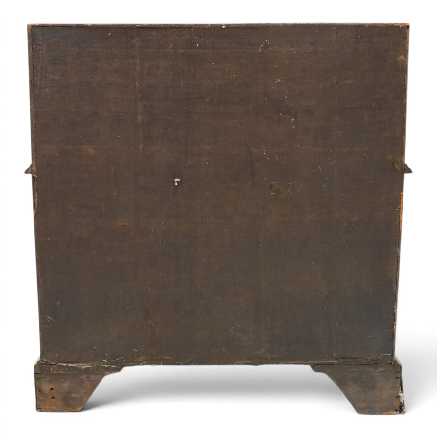 18th century figured walnut bureau, the sloped fall-front enclosing fitted interior with sliding base, pigeon-holes and correspondence drawers with shaped facias, over two short and two long feather-banded drawers with pressed brass handle plates, on bracket feet