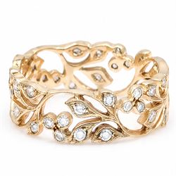 18ct rose gold diamond floral band, milgrain and pierced set with round cut diamonds, stamped 750