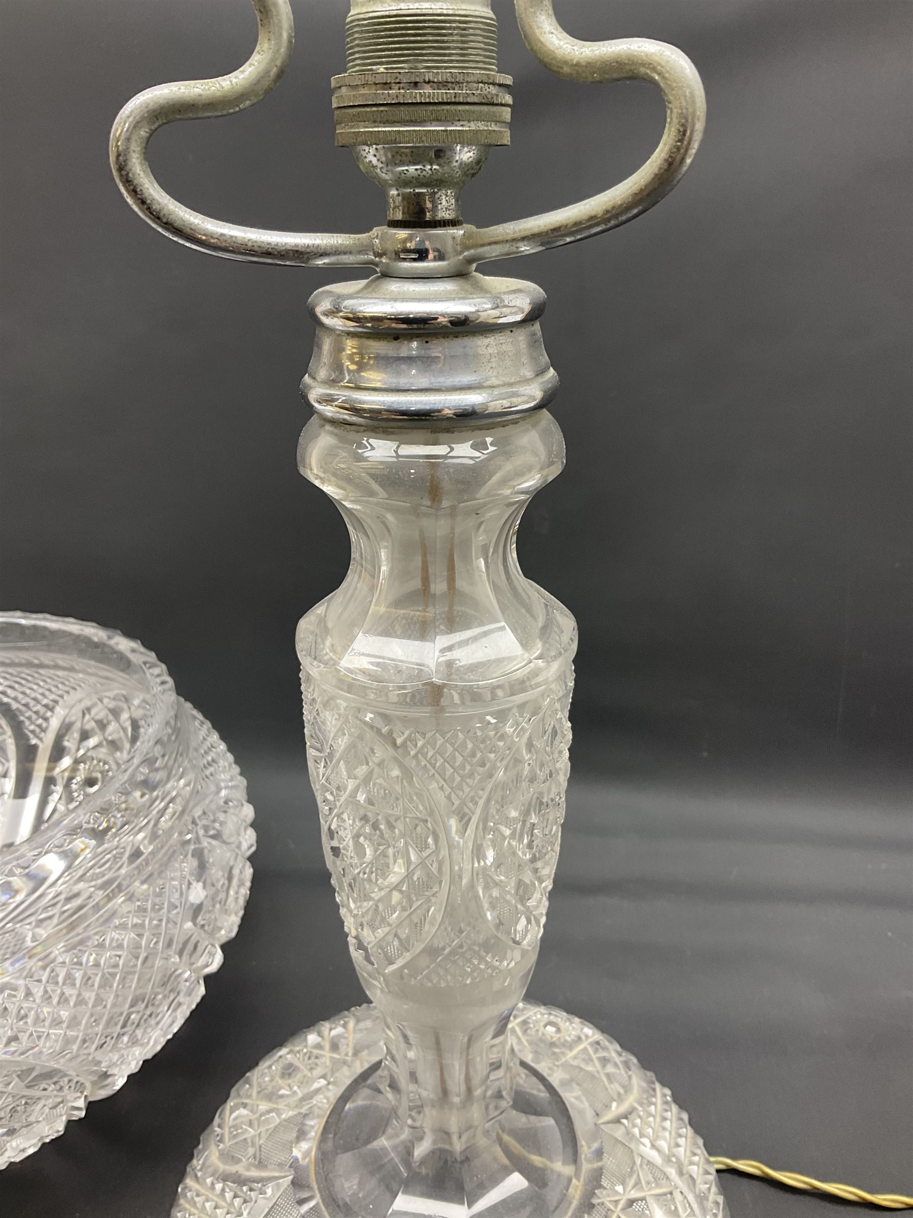 Cut glass table lamp base, of tapering form upon circular base, with conforming cut glass domed lamp shade, H45cm