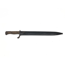  WWI German Mauser Butcher type bayonet, 36.5cm steel fullered single edge blade stamped C.G. Haenel Suhl, crowned W15, twin riveted wooden slab grip, L49.5cm in black finish steel sheath  