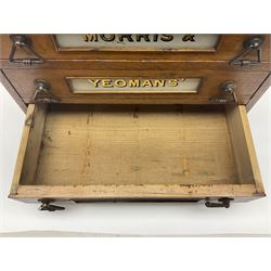 Victorian oak three drawer tabletop haberdashery chest advertising Morris Yeomans' Needles and Co, H27cm, L36cm