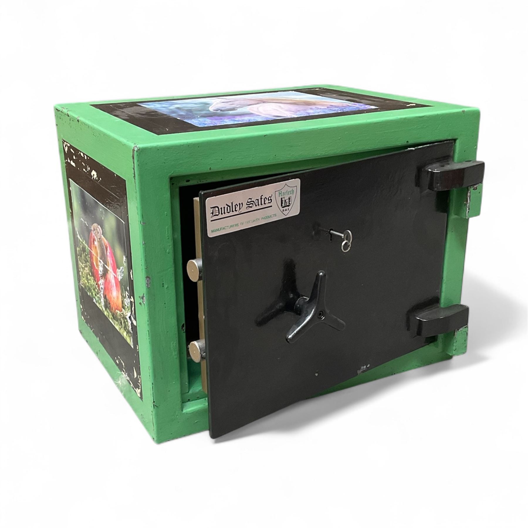 Green painted steel valuables safe, with key
