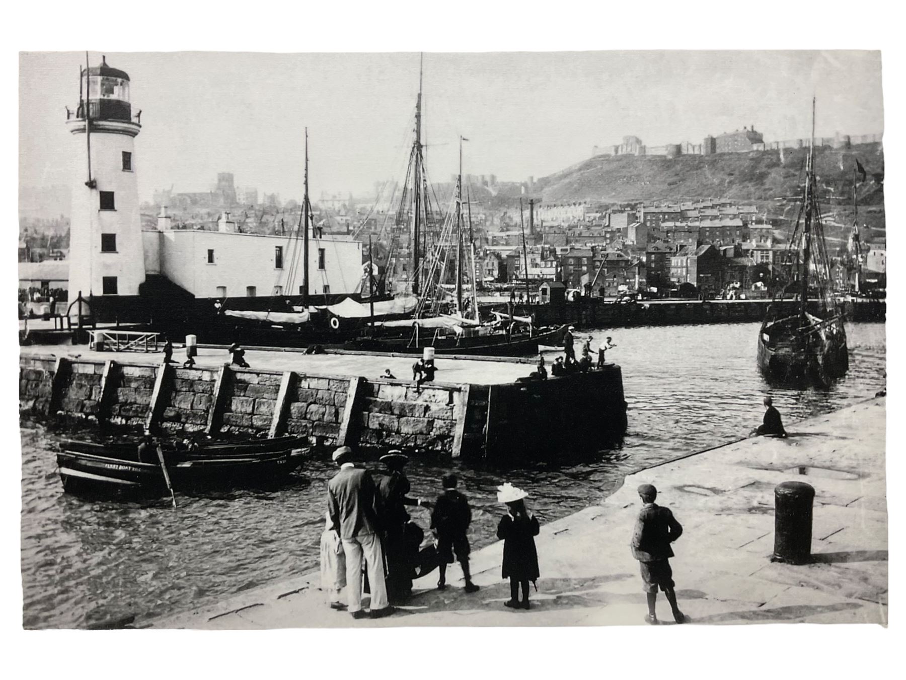 Set five black and white Victorian and later photograph prints of Scarborough on canvas together with a colour photo print of an aerial view of Scarborough max 66cm x 96cm (6)