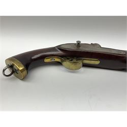 Early 19th century percussion cap cavalry pistol with round 23cm unsighted barrel, borderline engraved action lock (lacking hammer), walnut full stock with heavy brass furniture, iron lanyard ring to the flat butt cap and long flat retaining spring below fore-end for captive ramrod (missing) L41cm overall