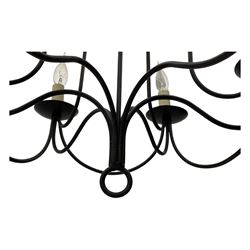 Contemporary black wrought iron six-light chandelier with drip trays and faux candle sleeves; polished chrome six-light chandelier with crystal droplets and cylindrical candleholders (2)