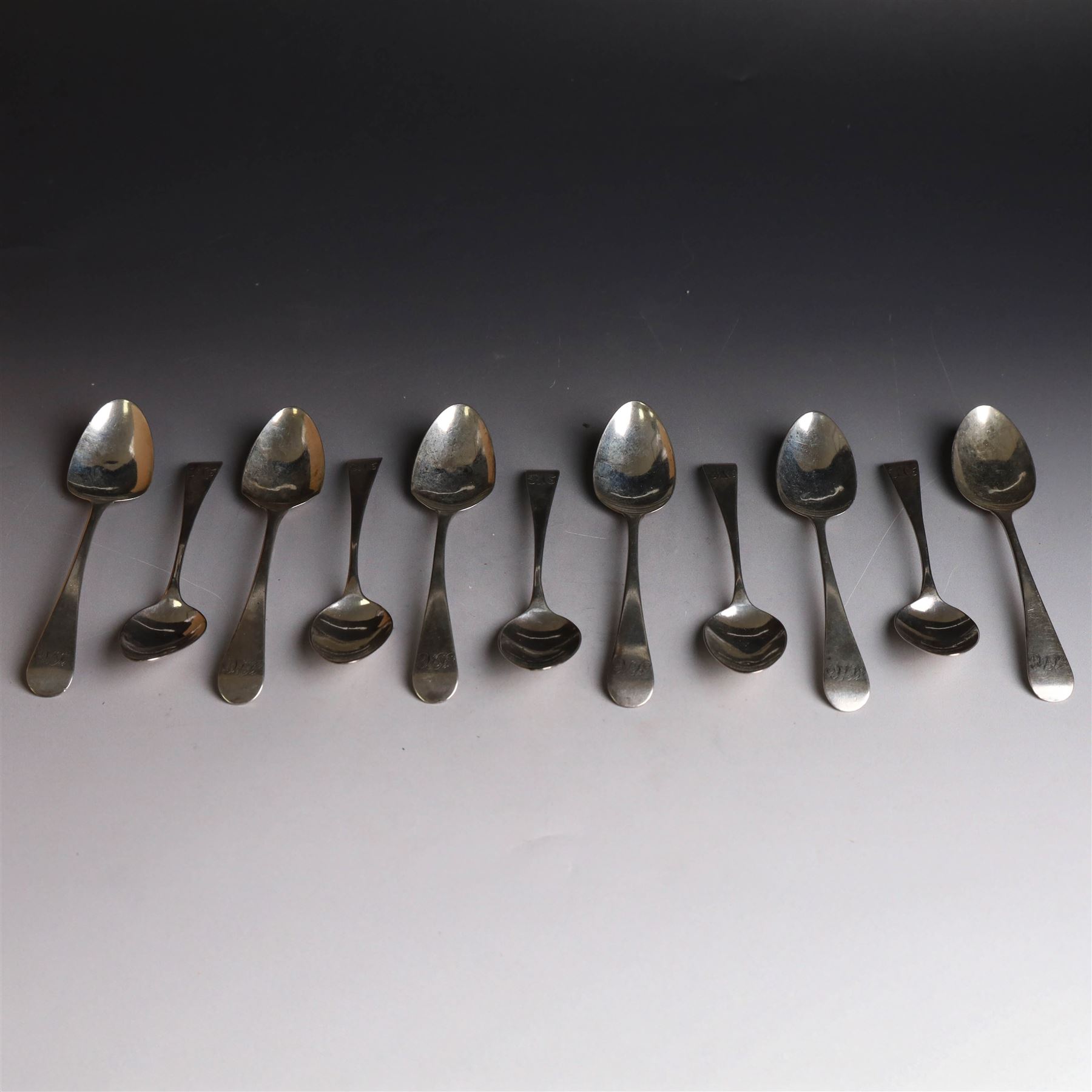 Set of six William IV silver teaspoons, engraved with monogram to terminal, hallmarked William Bateman I, London 1824, together with a set of five George III silver teaspoons, engraved with initials, hallmarked Peter & William Bateman, London 1806