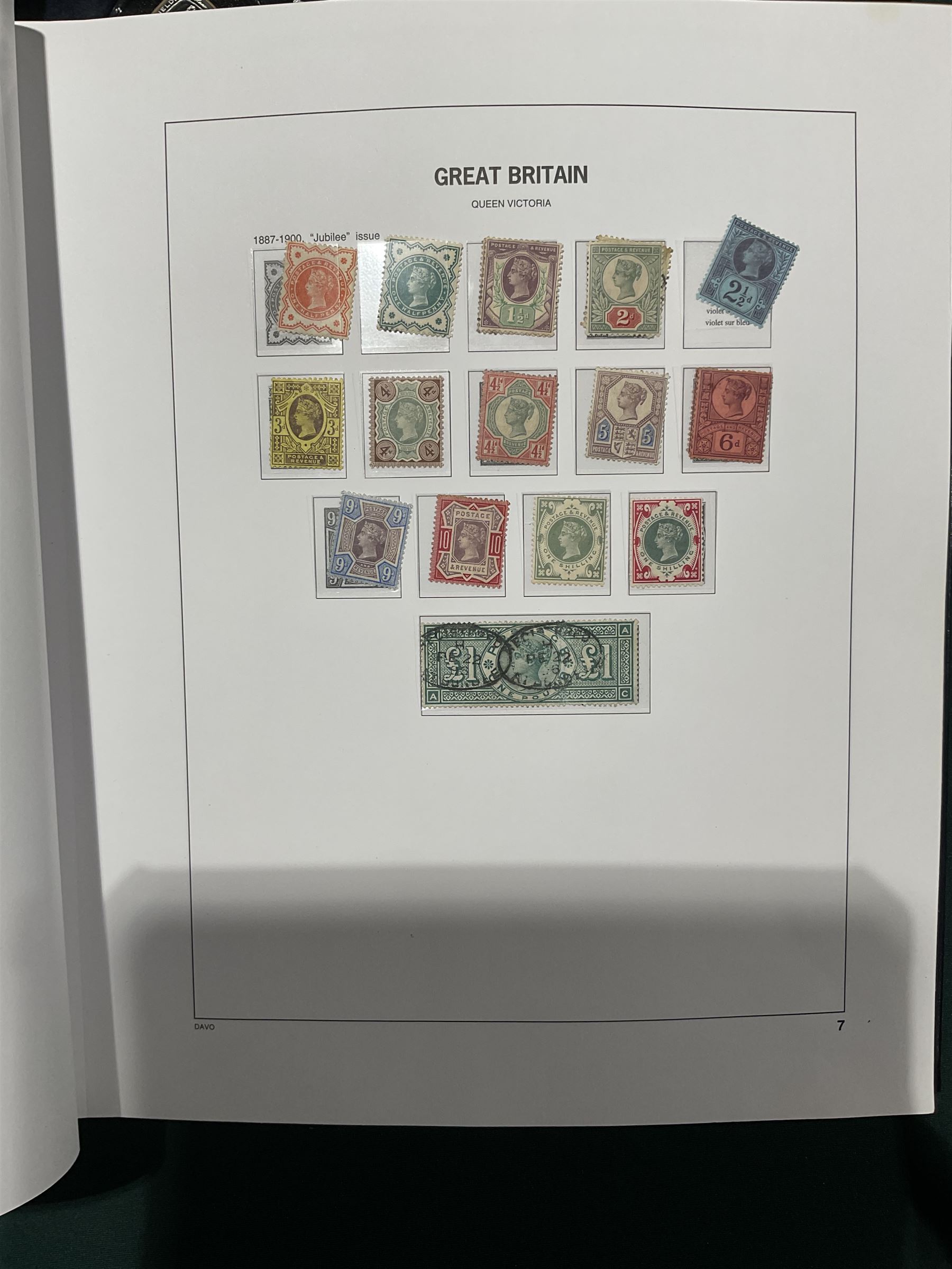 Extensive single album collection of Great British Queen Victoria and later stamps, including QV penny black with three margins, 1840 two pence blue, perf two pence blues with white lines added, QV one pound brown lilac, QV one pound green, King George V seahorses, 1929 Postal Union Congress one pound black, King George VI 1939-48 set of six with ten shillings dark blue, Queen Elizabeth II pre-decimal issues, housed in a Stanley Gibbons Great Britain 2001 album, a well presented collection with few ommissions