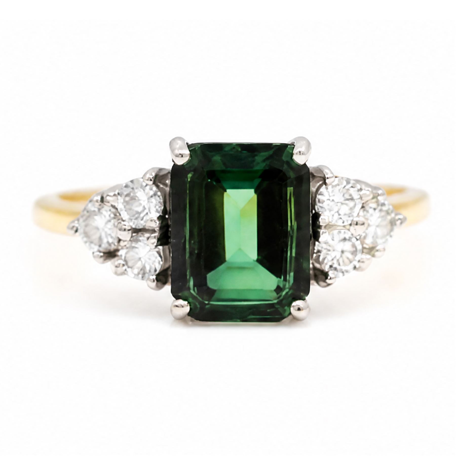 18ct gold green tourmaline and diamond ring, single octagonal cut tourmaline of approx 2.15 carat, with three round brilliant cut diamonds set either side, total diamond weight approx 0.30 carat