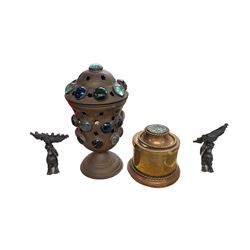 Pair of bronzed garnitures, depicting horses with mermaid tails, upon marbled bases, together with a brass and copper caddy and a copper lantern with inset glass roundels