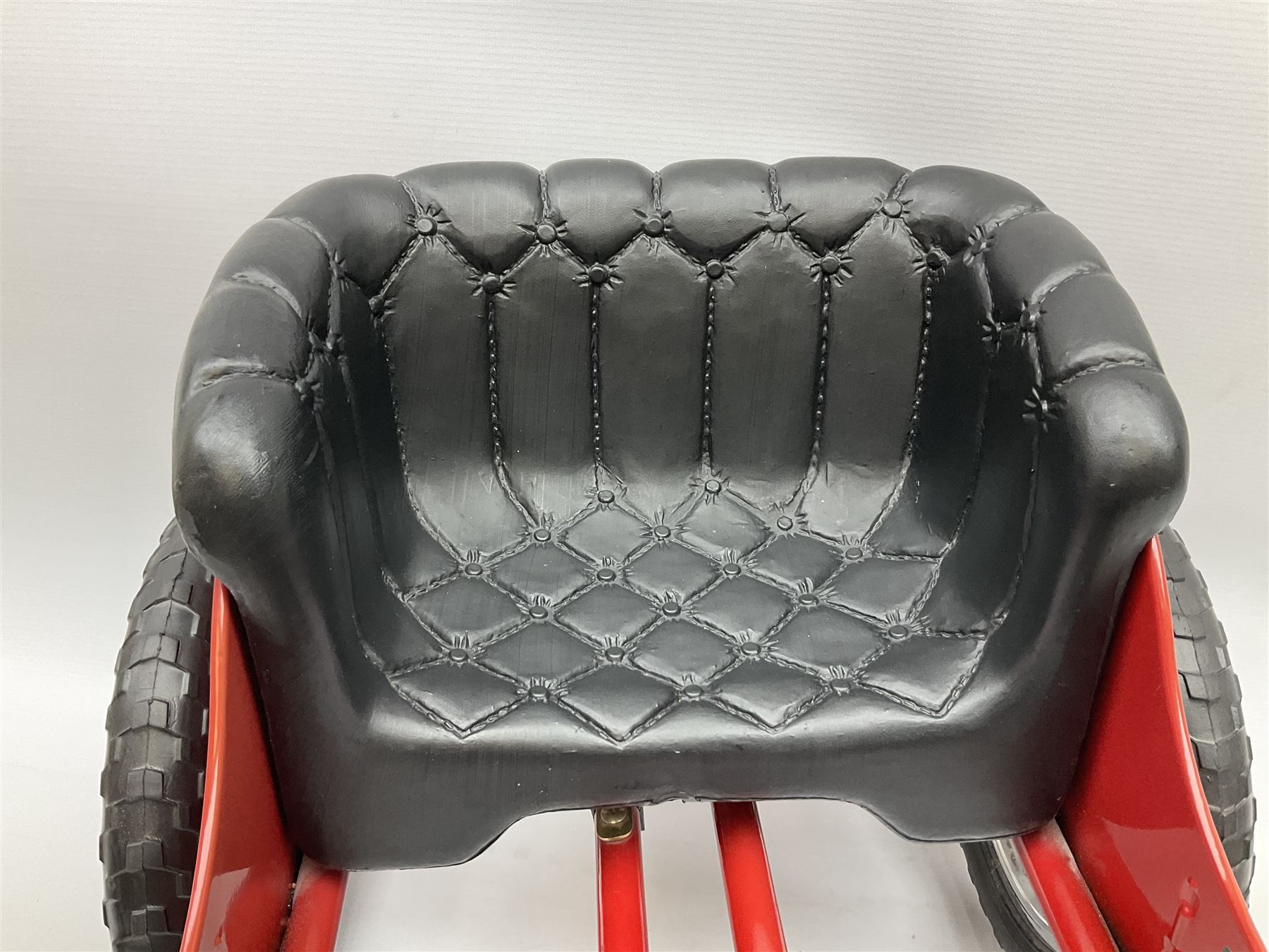 Red child's tin-plate pedal car with chrome detail, by Posh Paddles, Scarborough, H56cm, L80cm