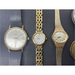 9ct gold ladies Bernex manual wind wristwatch, on 9ct gold chain strap, hallmarked, together with a Zenith 9ct gold cased gentleman's wristwatch, with personal inscription to reverse, three Seiko wristwatches and a Smiths chrome plated stopwatch 