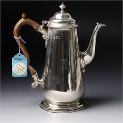 Late Victorian silver small coffee pot with stained wood handle and domed cover and engraved with a crest H20cm London 1895 Maker Charles Stuart Harris