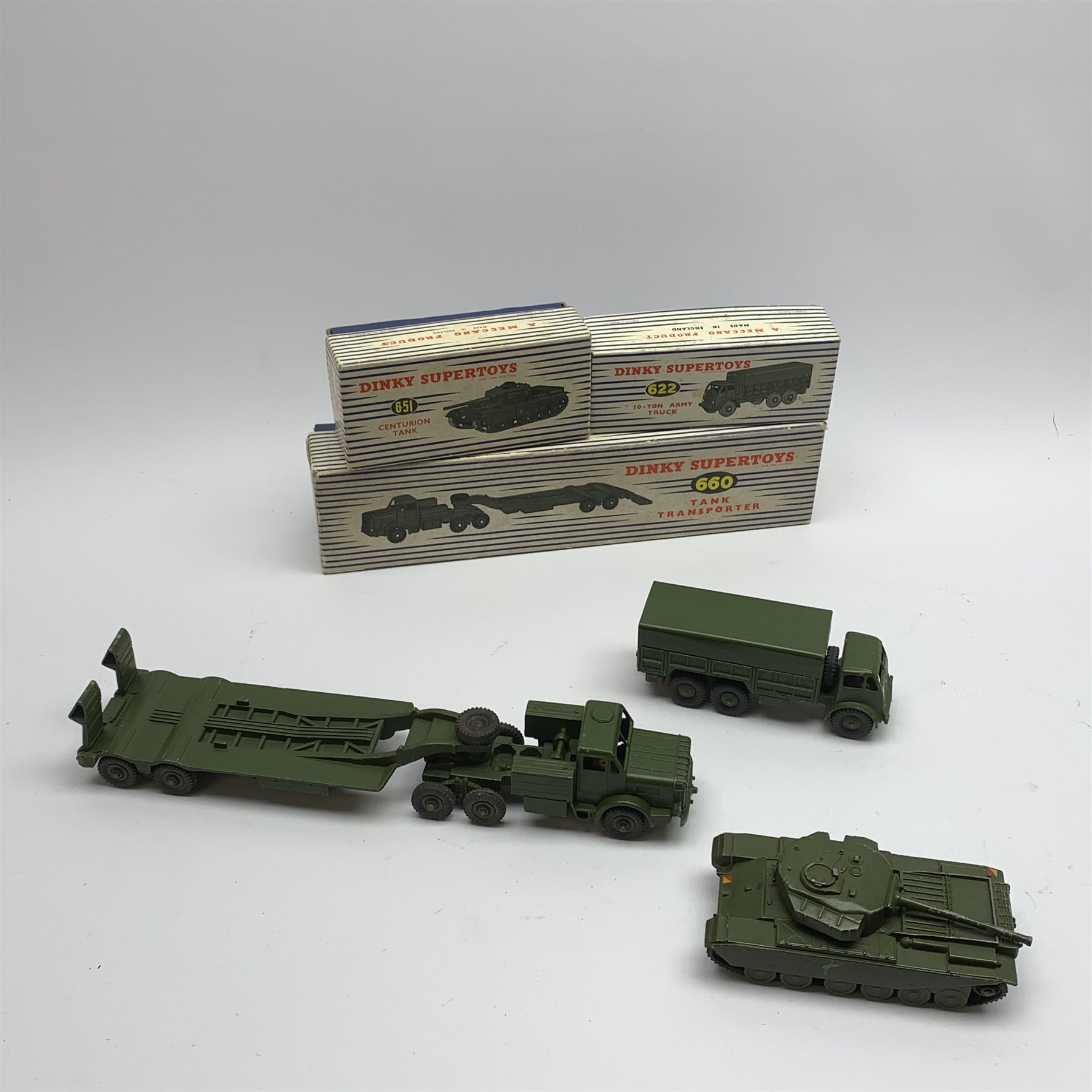 Dinky - Thornycroft Mighty Antar Tank Transporter No.660, boxed with internal packaging; Centurion Tank No.651; and 10-Ton Army Lorry No.622, all boxed (3)