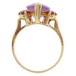 9ct gold pear shaped amethyst and eight stone flamingo topaz ring and a 14ct gold amethyst pendant with openwork mount, both hallmarked 
