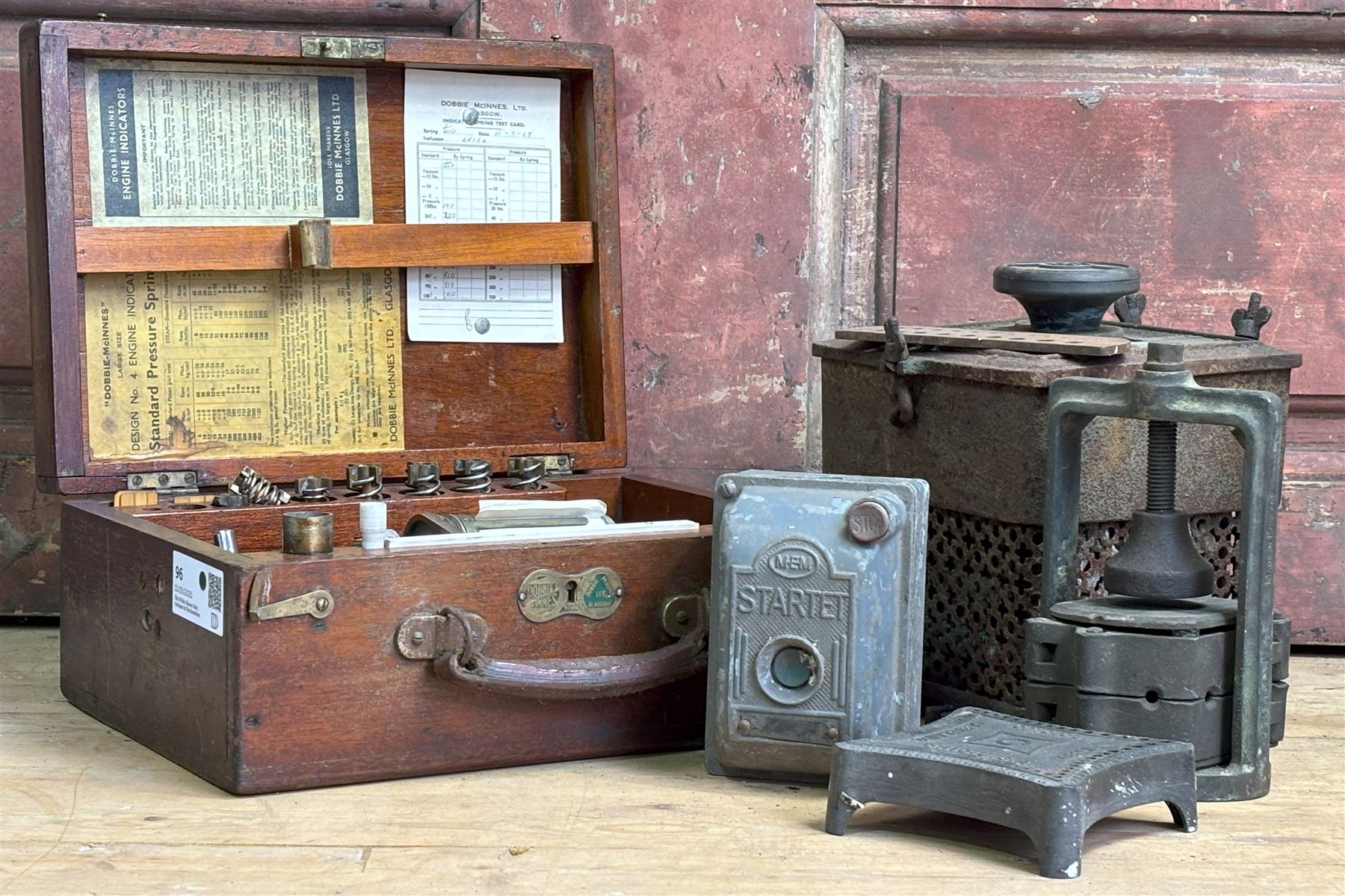 Dobbie McInnes, Glasgow, design No. 4 engine indicator test instrument, in teak case, together with a C.D.T. Ohio cast metal drill gauge, another drill gauge, a mould and press, an M.E.M. startet eclectic motor starter, and a electric speed control unit and resistor (6) - COLLECTION BY APPOINTMENT FROM: The White House, Thirsk Road, Easingwold, York, YO61 3NF - CALL 01723 507111 TO ARRANGE