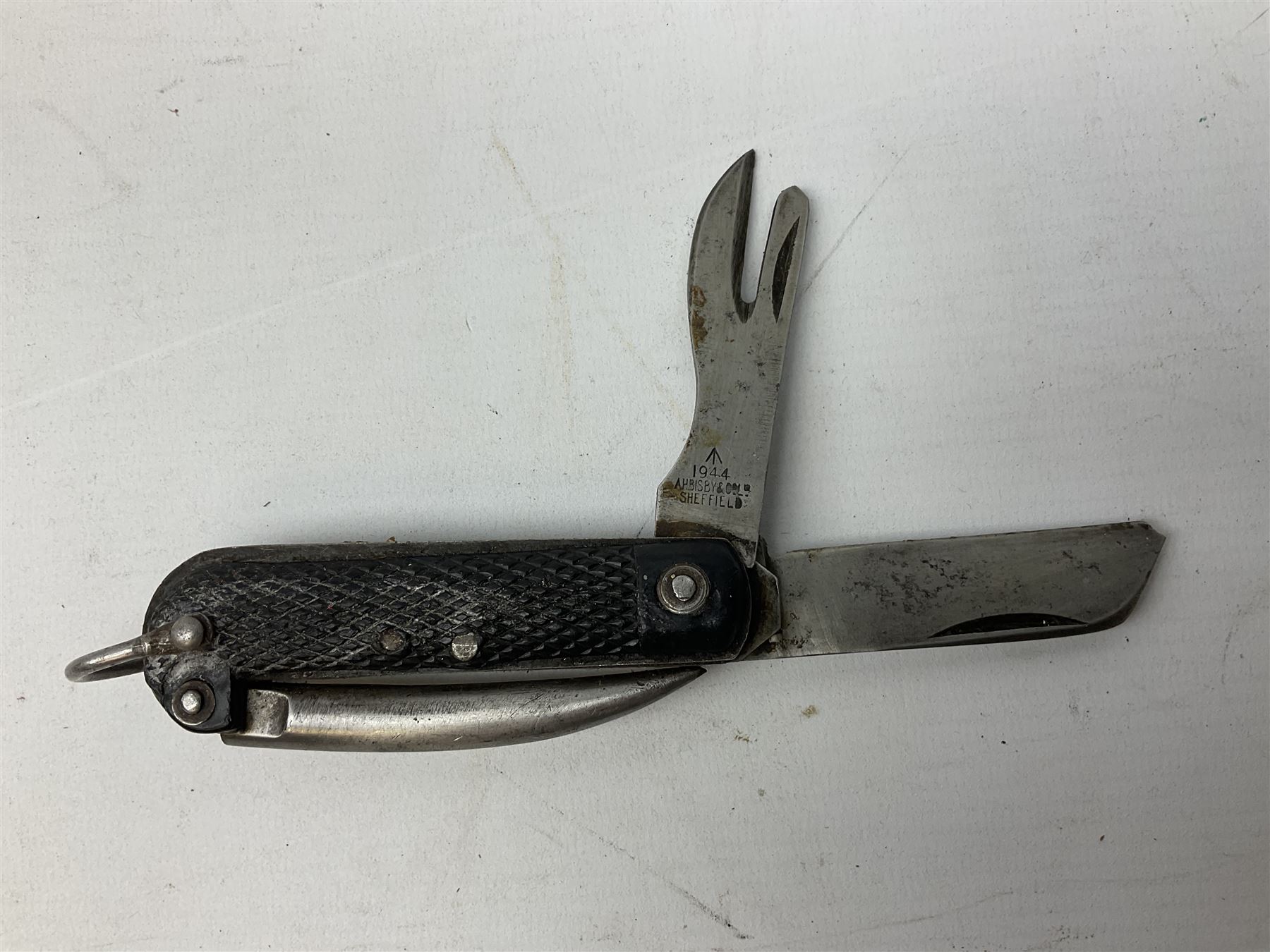 WW2 British army folding jack/clasp knife, the blade marked A.H. Bisby & Co Ltd Sheffield with broad arrow and date 1944, marlin spike and can opener; and British Navy seaman's rope pocket knife, the blade marked Venture H.M. Slater Sheffield (2)