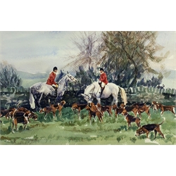 Wendy Knapton (British 20th century): The Hunt pausing by a Stone Wall, watercolour signed and dated '74, 35cm x 54cm
