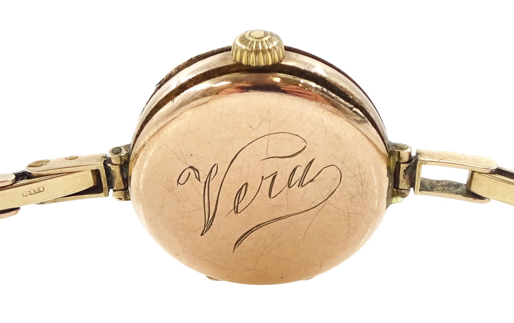 Rolex early 20th century ladies 9ct rose gold manual wind half hunter wristwatch, white enamel dial with Arabic hour markers, London import marks 1916, the back case engraved 'Vera', on later expanding bracelet, Birmingham 1960