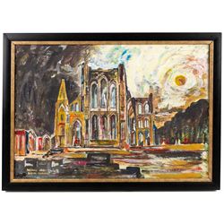 Brian Edwards (British 1944-): 'Rievaulx Abbey 1', acrylic on canvas signed, titled verso 44.5cm x 64.5cm
Notes: Dr Brian Edwards is Emeritus Professor of Architecture at ECA Edinburgh University. He is the author of the book ‘Understanding Architecture through Drawing’, has exhibited at the Edinburgh Festival, the RSA and architecture section of the RA Summer Exhibition. As a retired architect, his paintings explore the interface between art and architecture