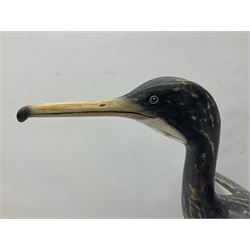 Wooden sculpture of Cormorant aquatic bird on a naturalistic wooden plinth, H46cm